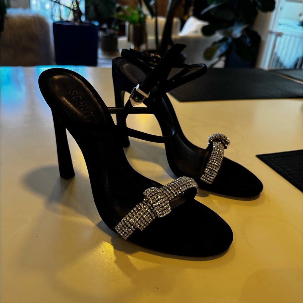SCHUTZ Black Crystal Knot Strap Heeled Sandals - Picture 6 of 14